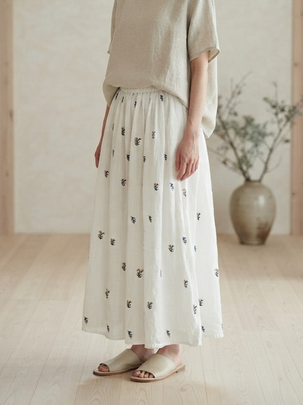 🇯🇵 Cottagecore White Embroidered Floral Maxi Skirt Minimalist Feminine Retro